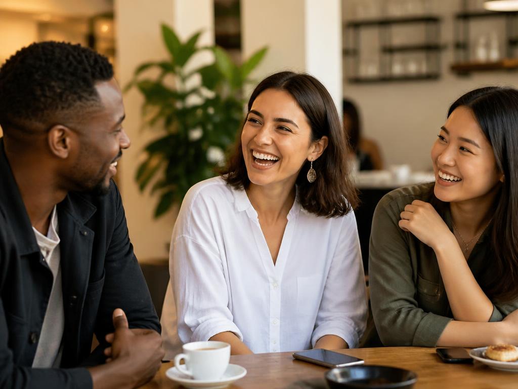 A diverse group of people laughing and talking together in a cafe