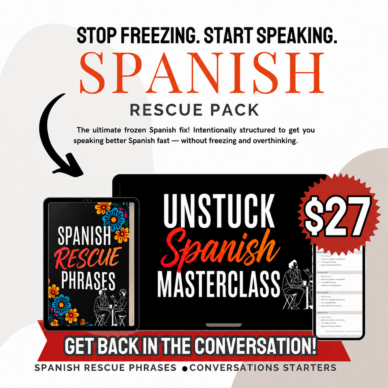 The Spanish Rescue Pack shown on laptop and phone mockups
